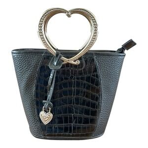 Brighton Heart Handle Leather Satchel Black Silver Heart Handles‎ 7" X 7"